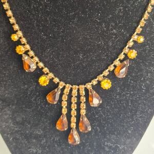 Vintage Mid-Century Amber Teardrop Choker Topaz Rhinestone Fringe Necklace 1950s